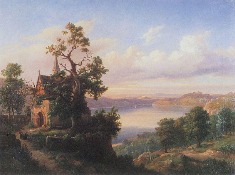 unknow artist Landscape with a lake and a gothic church. oil painting image
